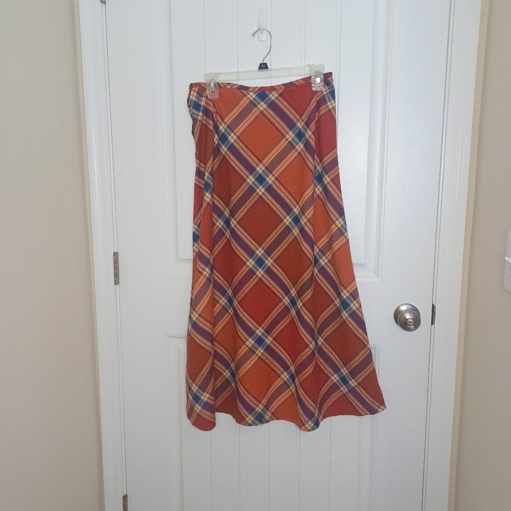 Liz Claiborne Orange Plaid Midi Skirt with Blue and Yellow Accents - Picture 3 of 8